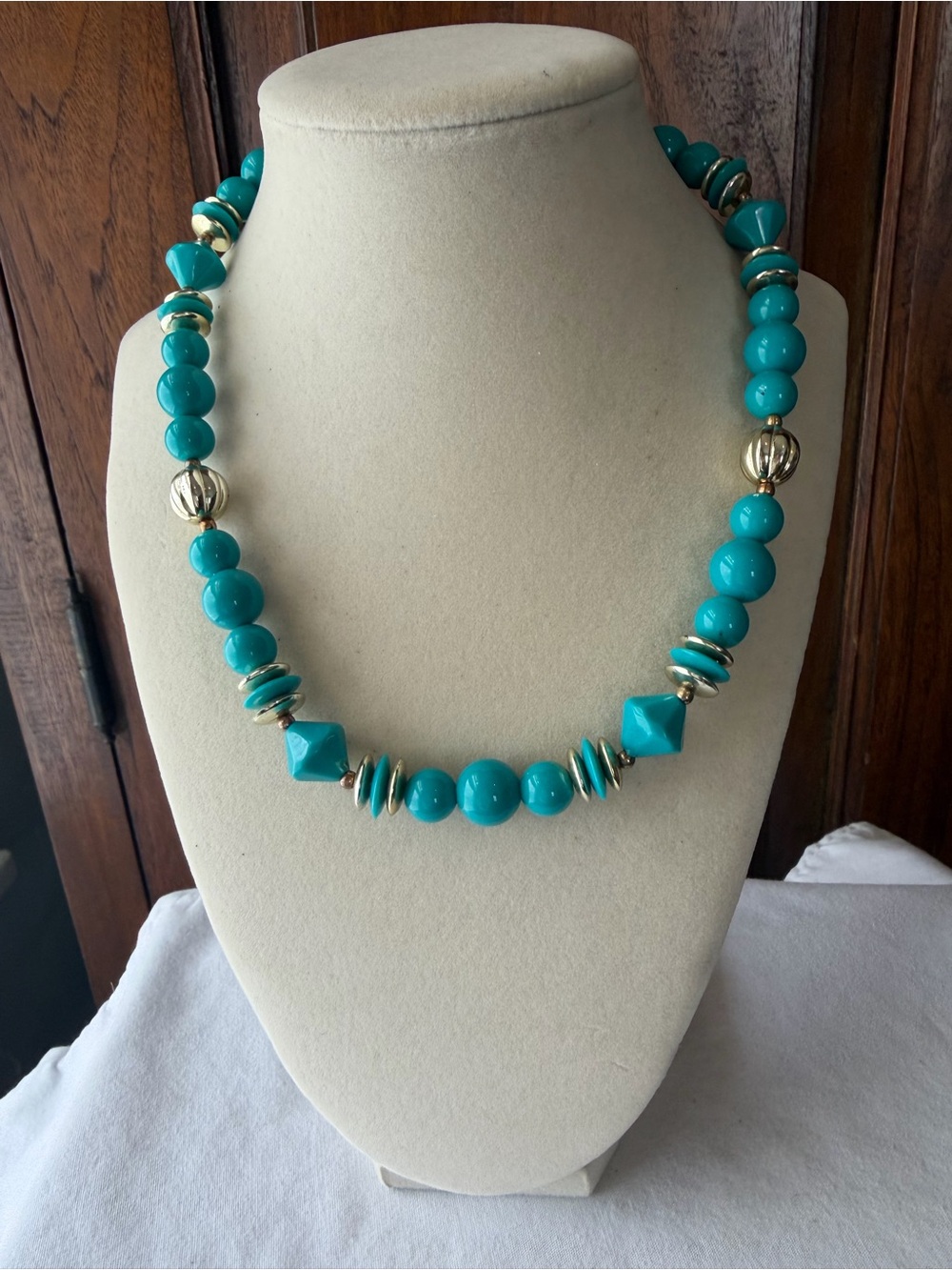 Turquoise Blue Statement Bead Necklace Silver Tone Geometric Retro